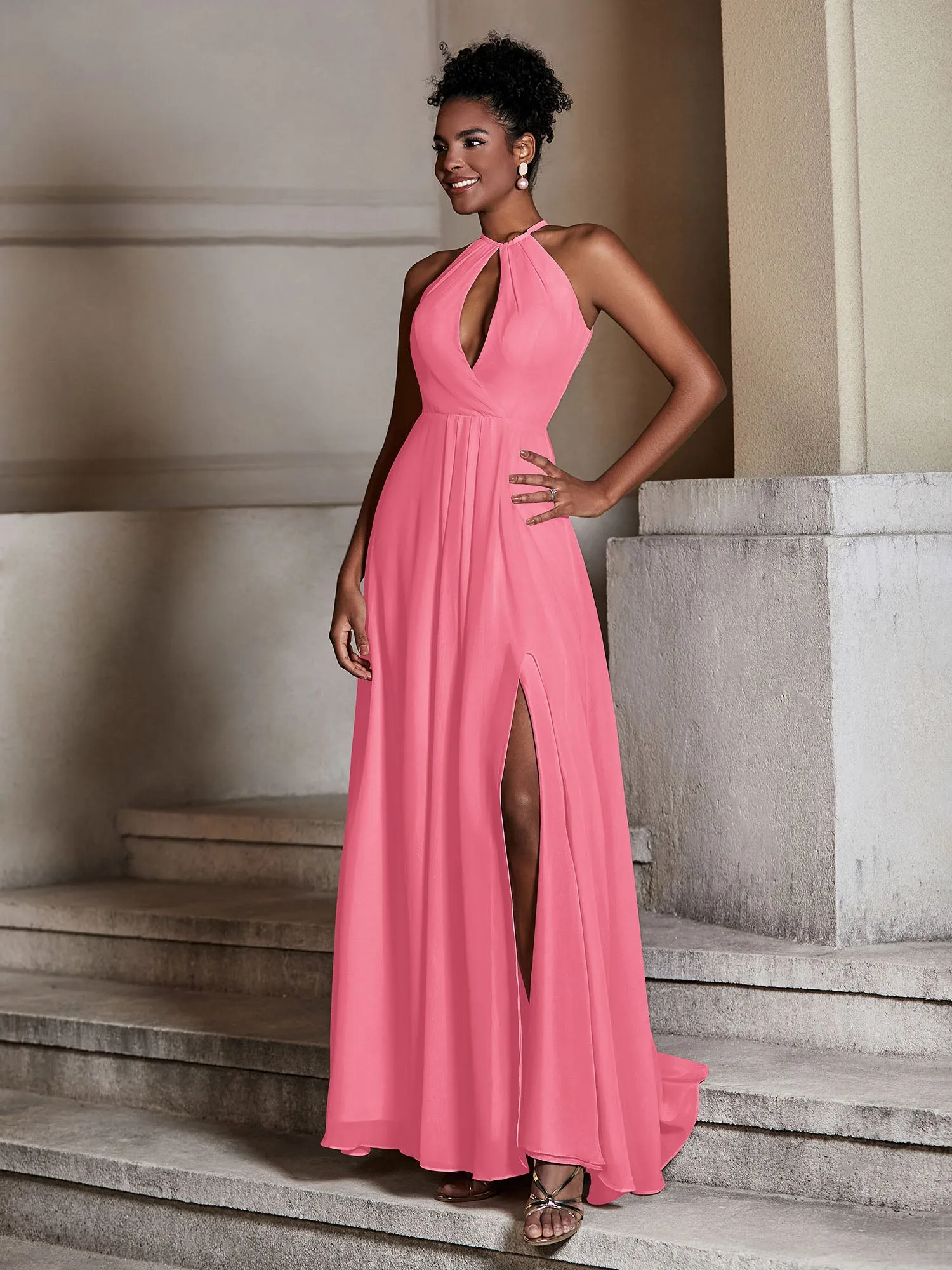 Chiffon Long Halter Dresses with Slit-Watermelon