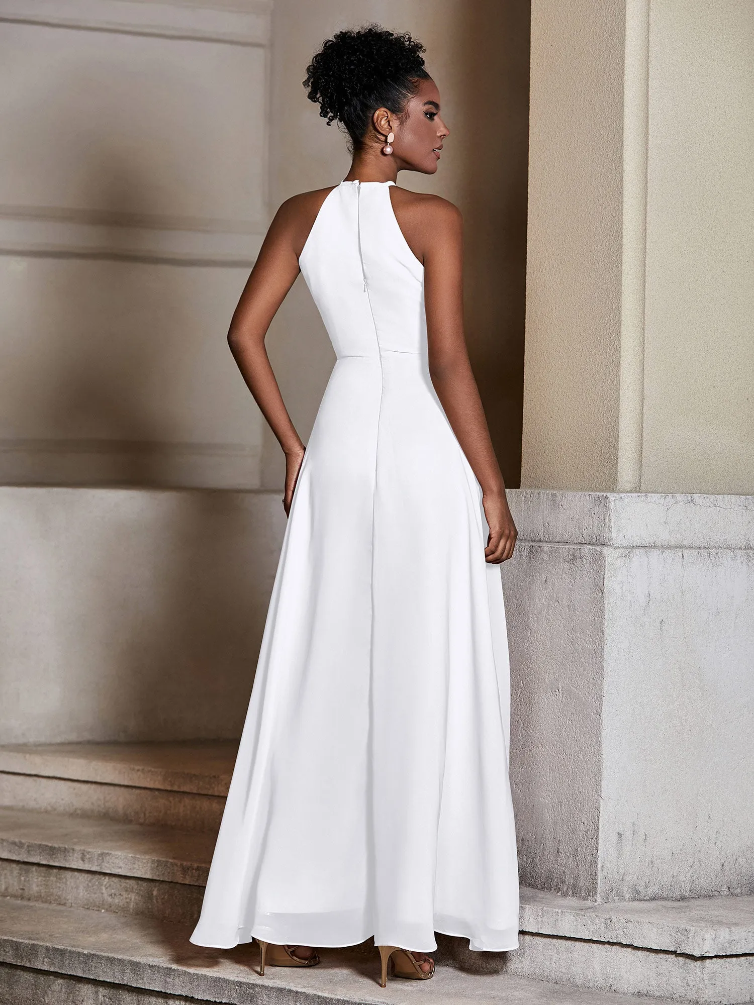 Chiffon Long Halter Dresses with Slit-White