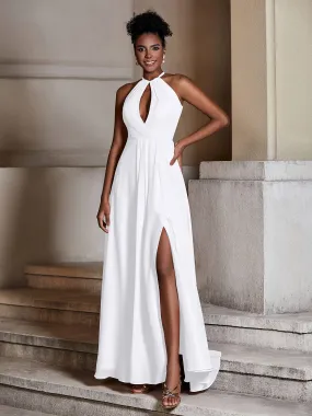 Chiffon Long Halter Dresses with Slit-White