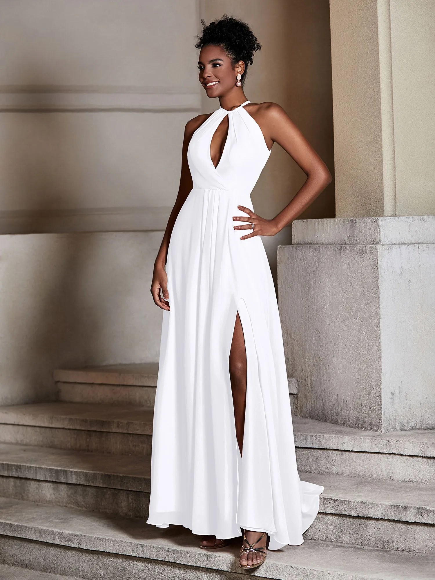 Chiffon Long Halter Dresses with Slit-White