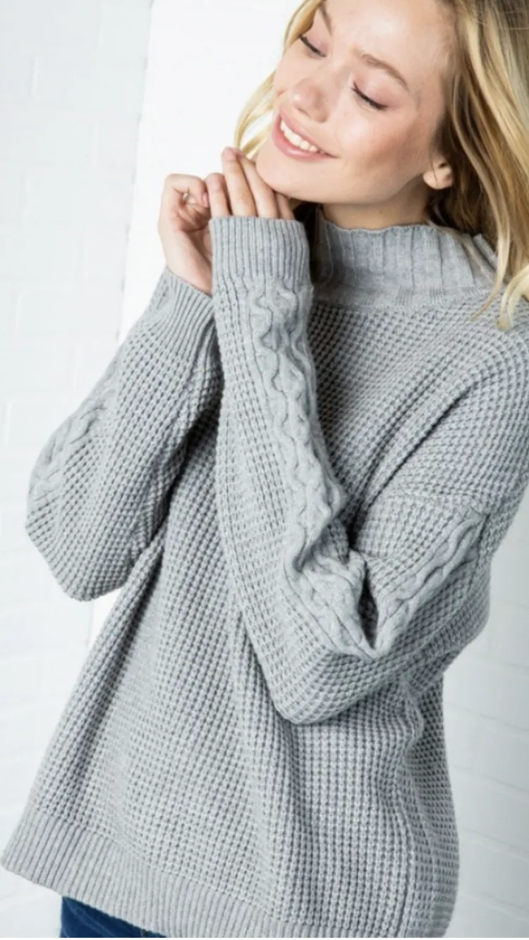 Chunky Knit Sweater with Split Back and Cable Sleeves (Available in: Cream)
