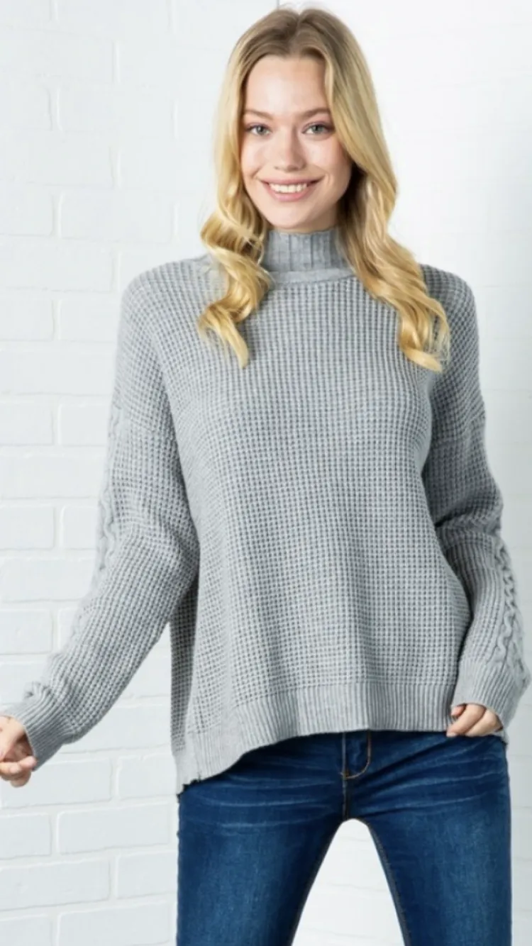 Chunky Knit Sweater with Split Back and Cable Sleeves (Available in: Cream)