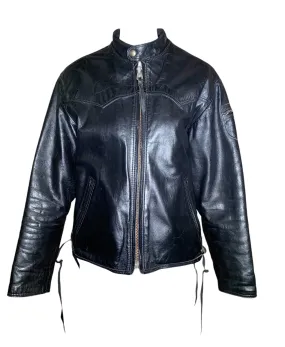 Classic 1960s Black Leather Café Racer Motorcycle Jacket with Denim Lining