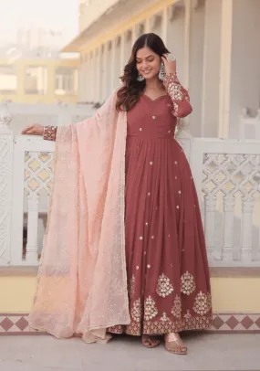 Copper Rust Zari Sequins Thread Worked Gown With Dupatta