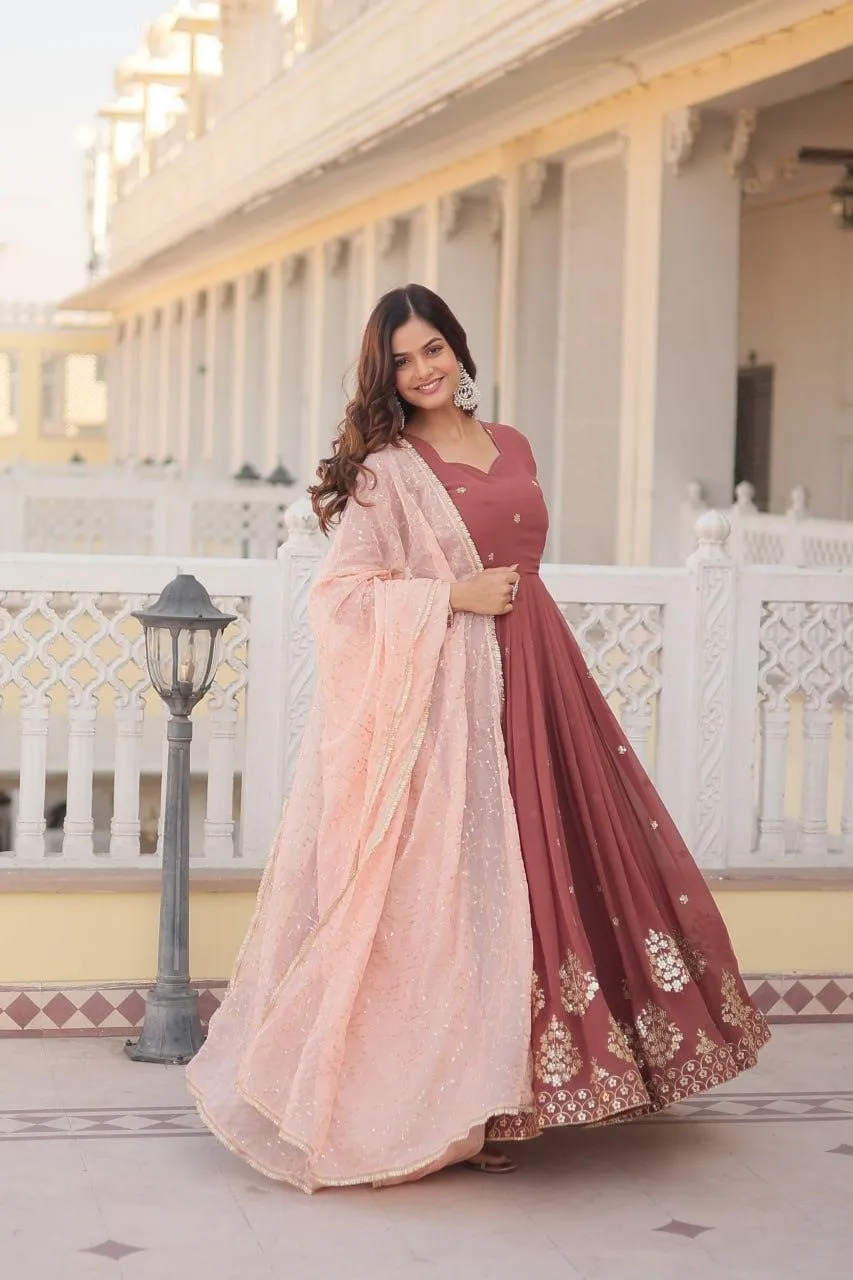 Copper Rust Zari Sequins Thread Worked Gown With Dupatta