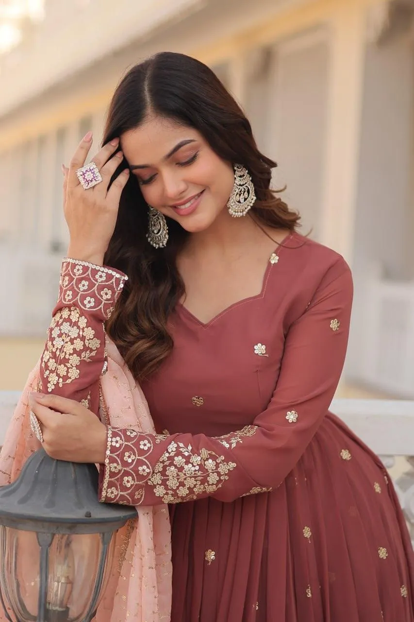 Copper Rust Zari Sequins Thread Worked Gown With Dupatta