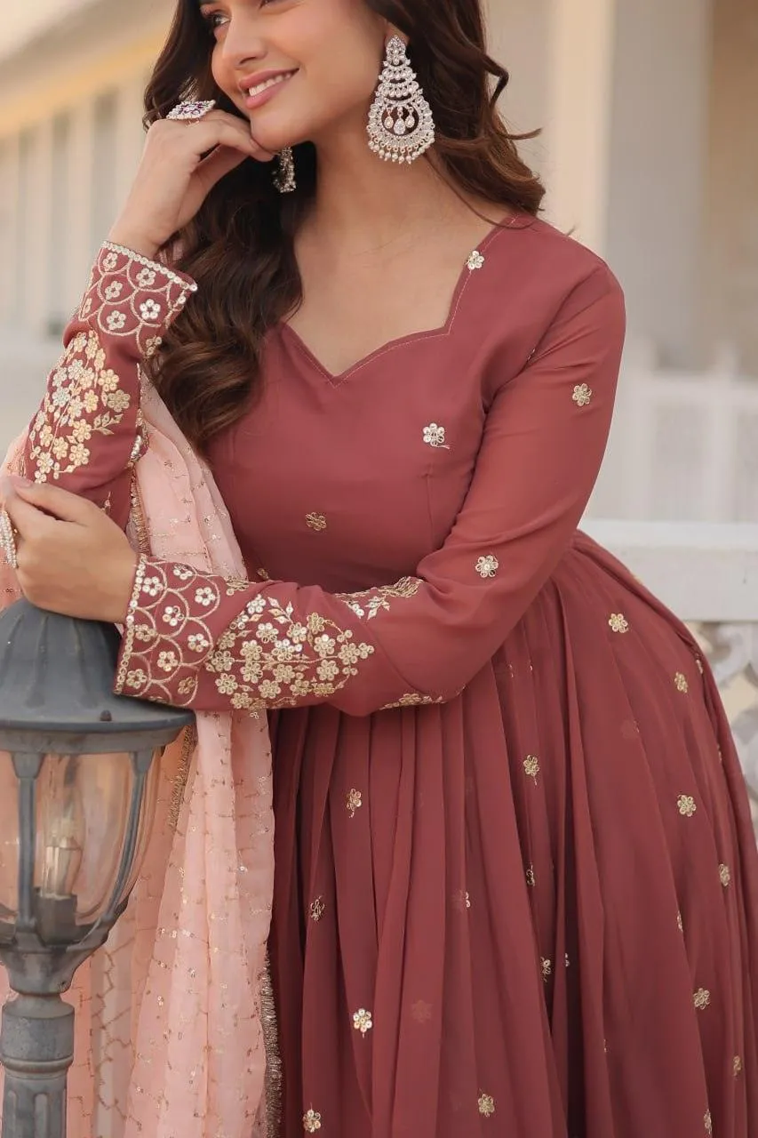 Copper Rust Zari Sequins Thread Worked Gown With Dupatta
