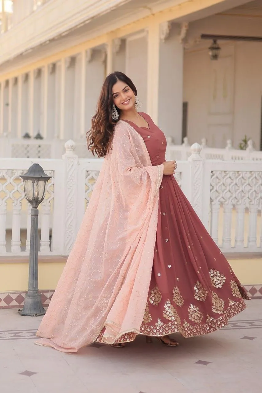 Copper Rust Zari Sequins Thread Worked Gown With Dupatta