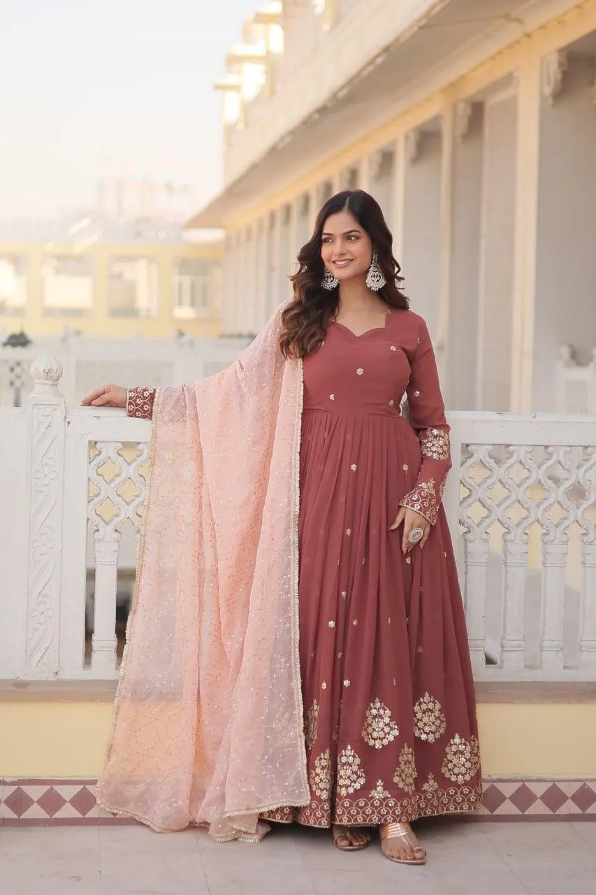 Copper Rust Zari Sequins Thread Worked Gown With Dupatta