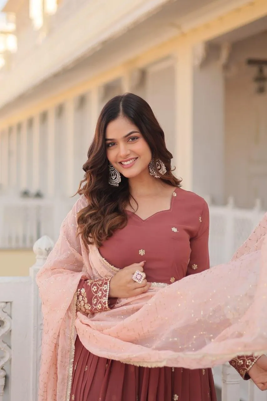 Copper Rust Zari Sequins Thread Worked Gown With Dupatta