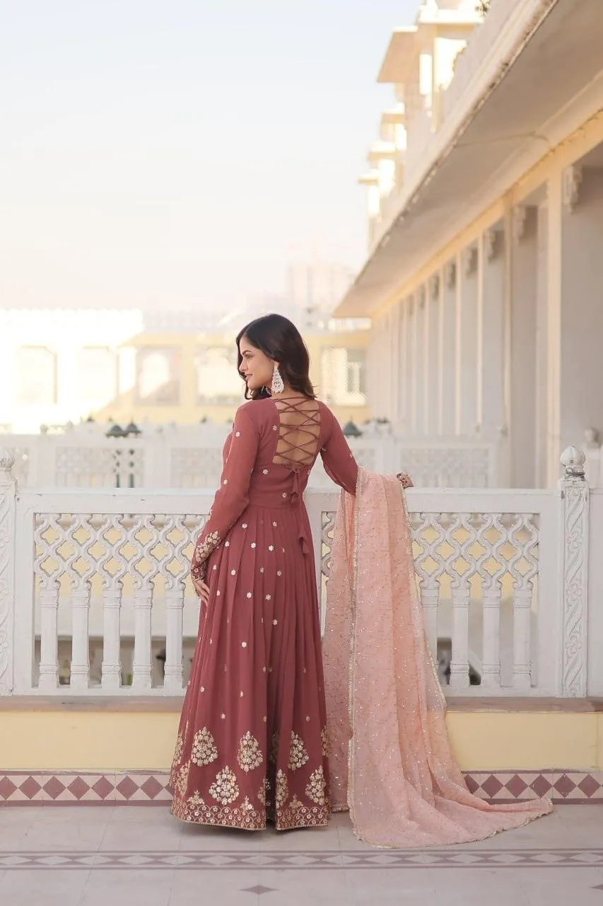 Copper Rust Zari Sequins Thread Worked Gown With Dupatta
