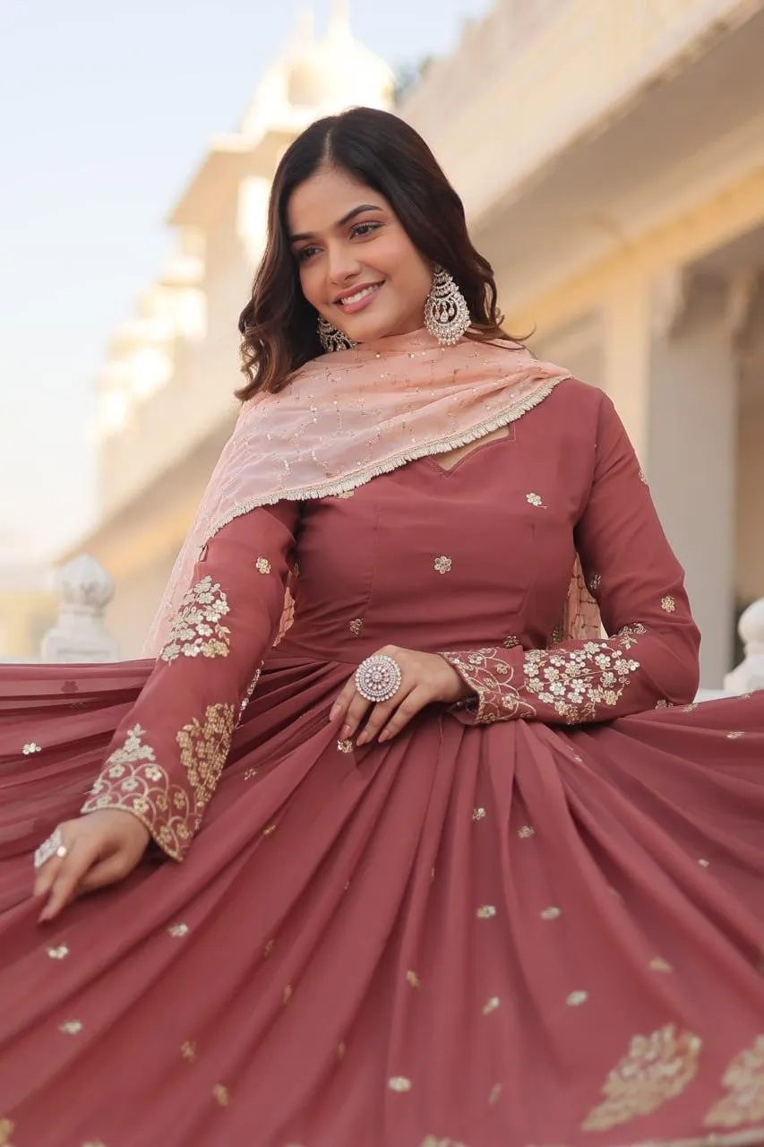 Copper Rust Zari Sequins Thread Worked Gown With Dupatta
