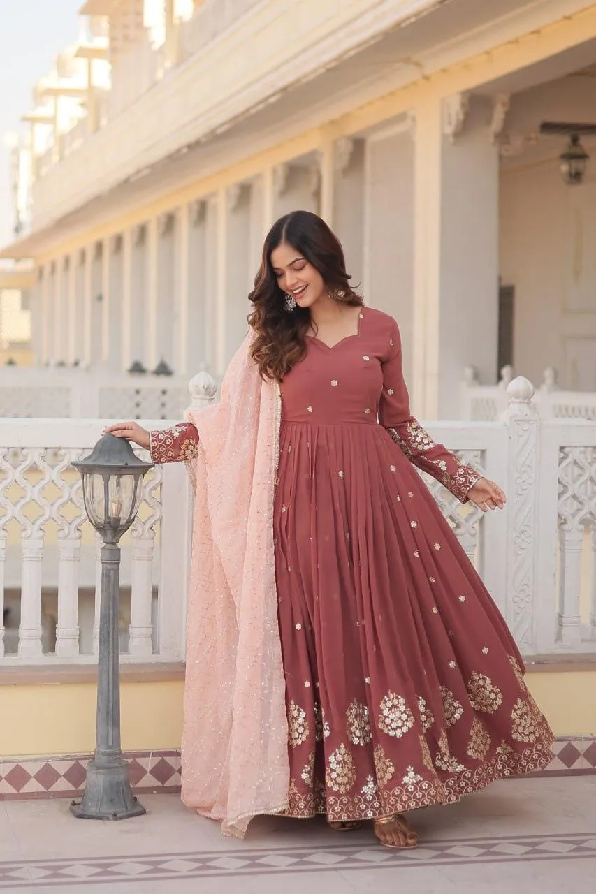 Copper Rust Zari Sequins Thread Worked Gown With Dupatta