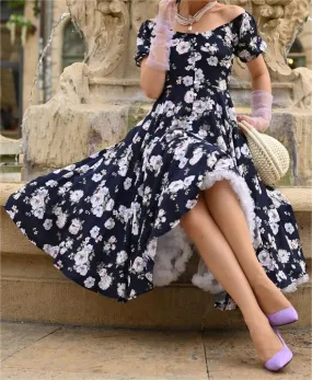 Dark Blue Print Elegant Dress
