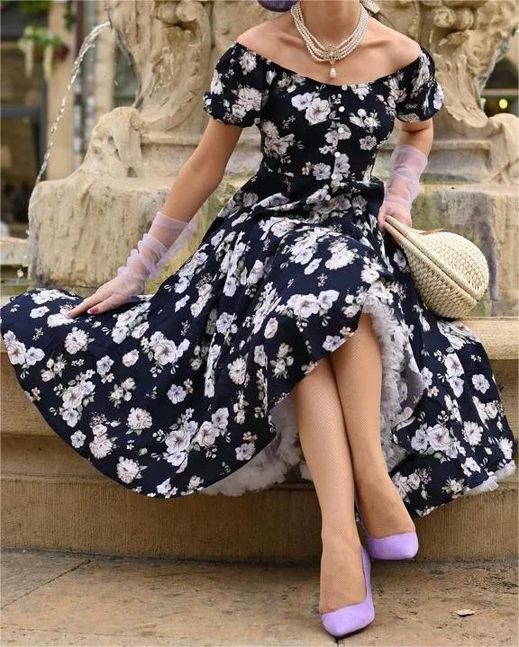 Dark Blue Print Elegant Dress