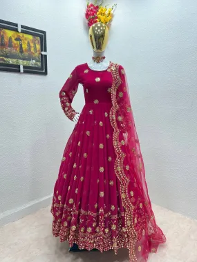 Designer Pink Color Embroidery Sequence Work Gown