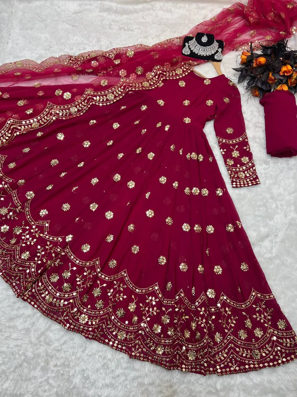 Designer Pink Color Embroidery Sequence Work Gown
