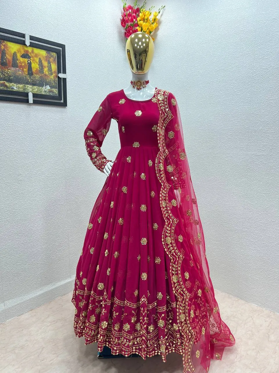 Designer Pink Color Embroidery Sequence Work Gown