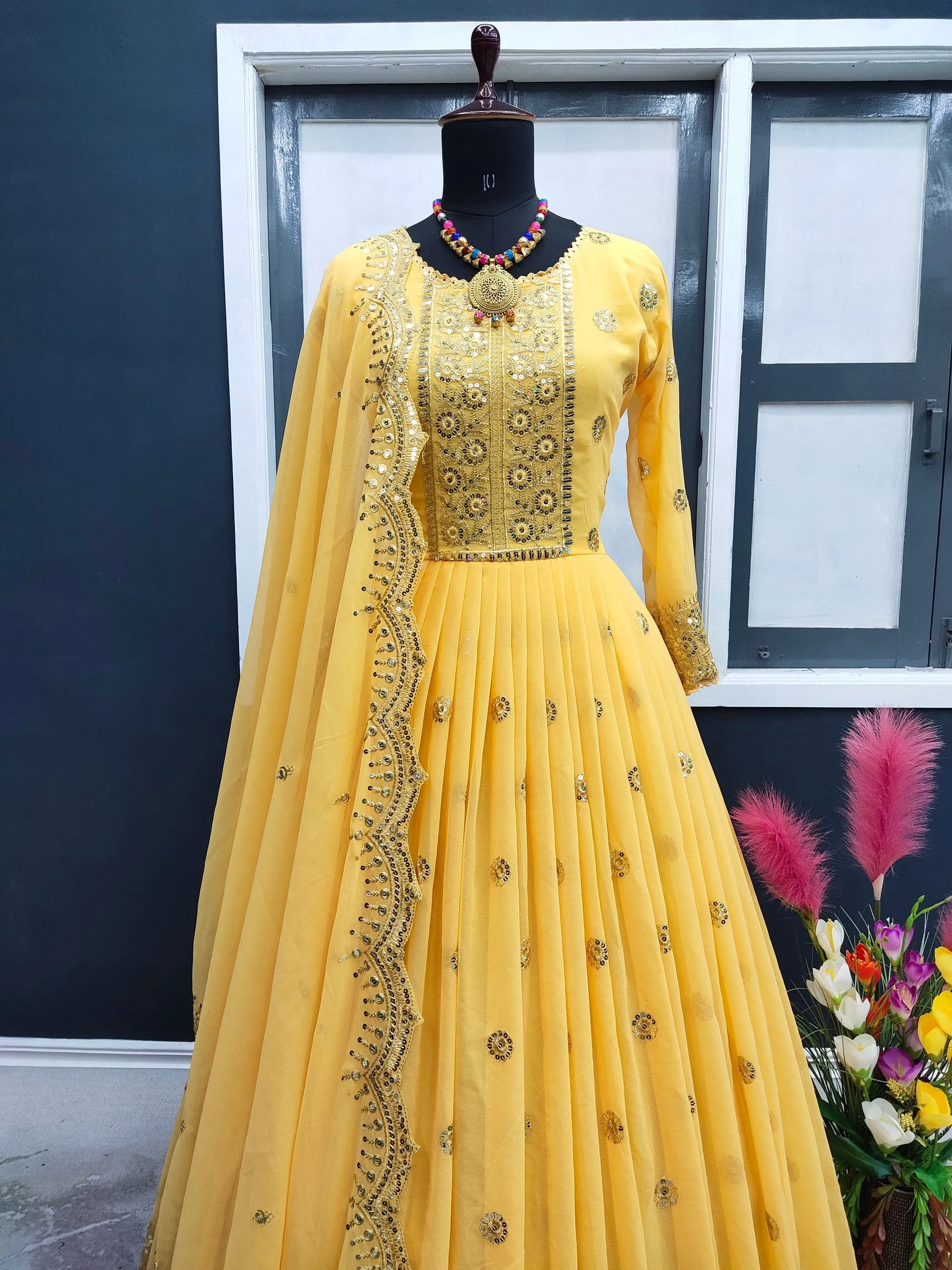 Designer Yellow Color Embroidery Work Gown