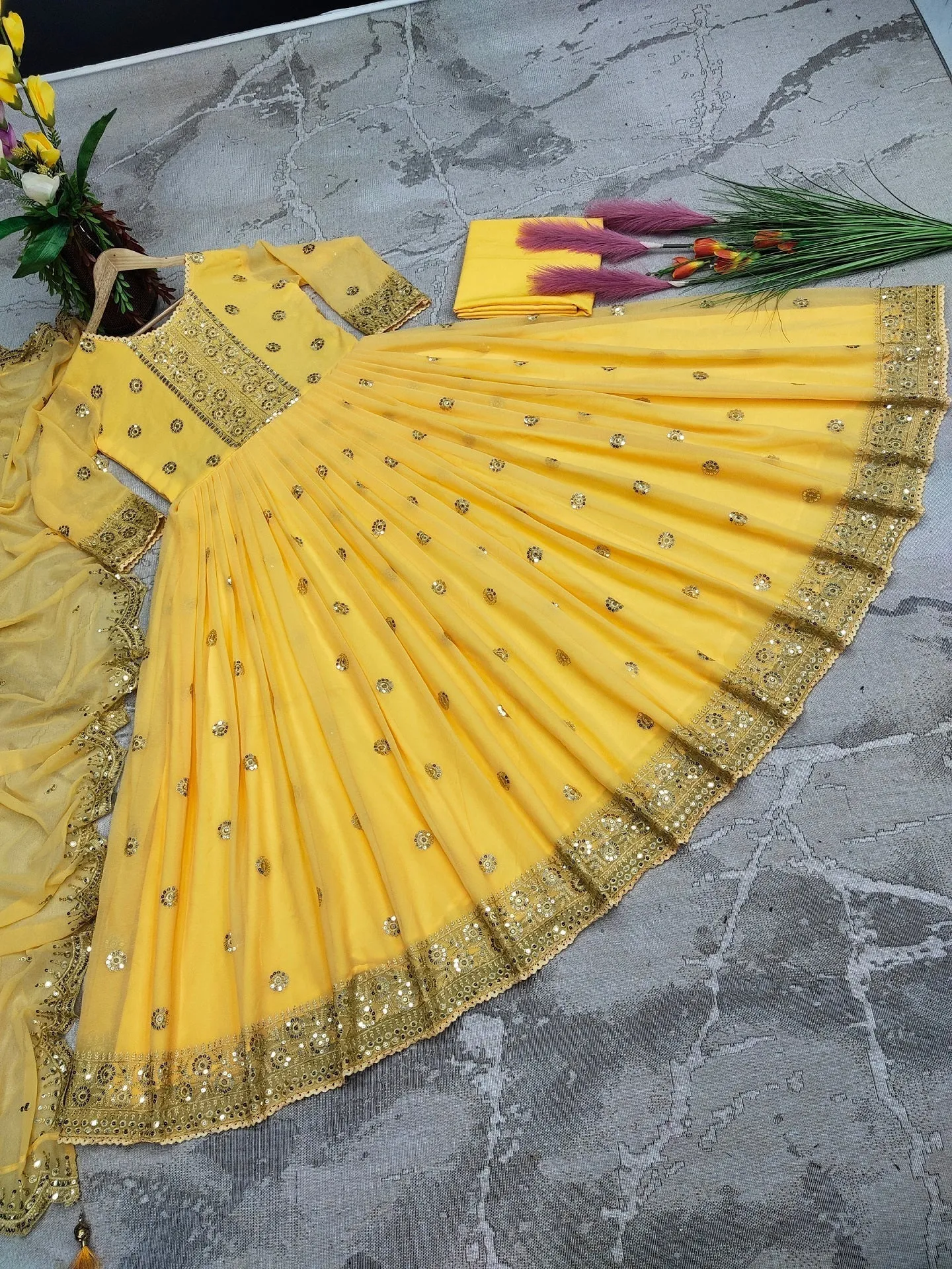 Designer Yellow Color Embroidery Work Gown
