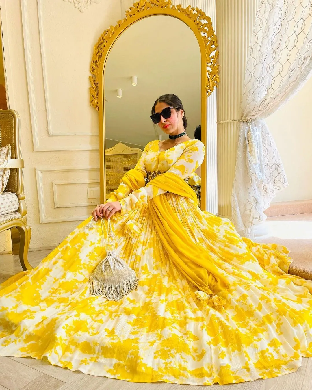 Digital Printed Yellow Color Georgette Gown with Belt