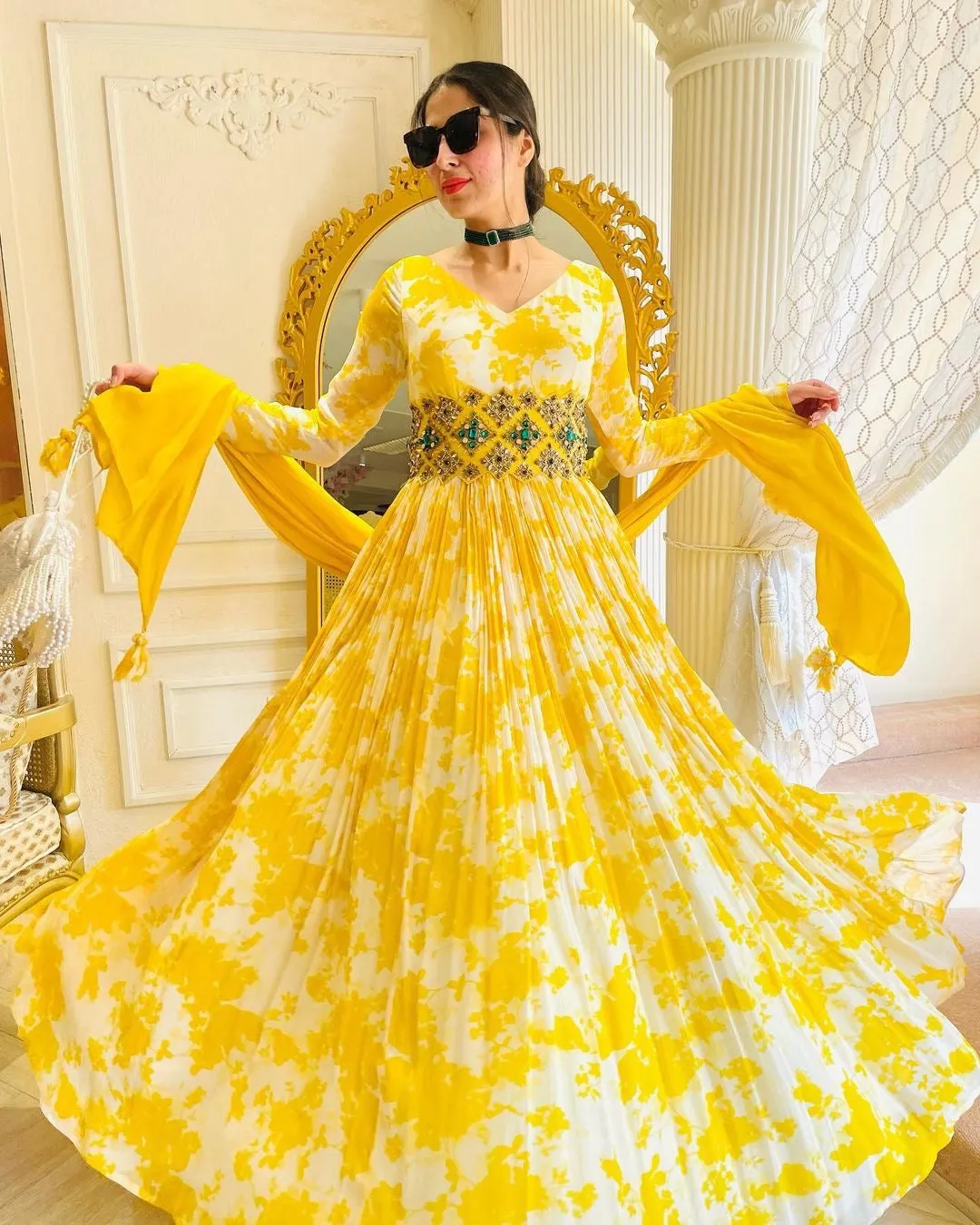 Digital Printed Yellow Color Georgette Gown with Belt