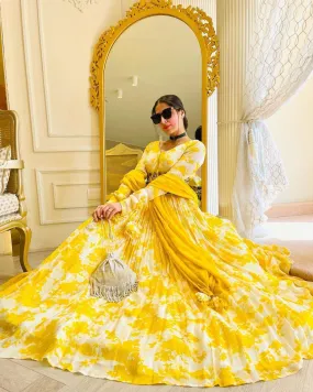 Digital Printed Yellow Color Georgette Gown with Belt