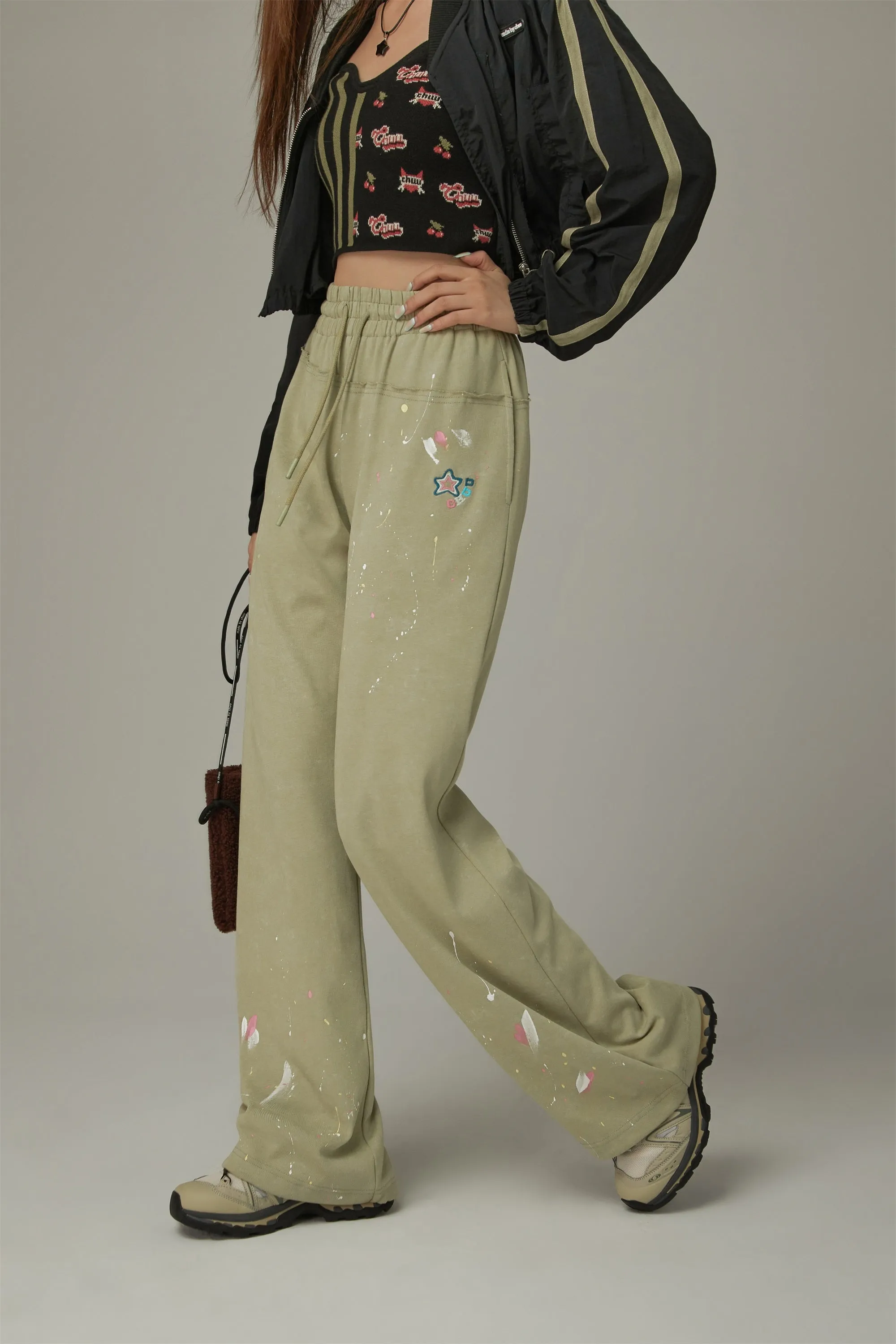 Elastic Waist String Painted Wide Pants