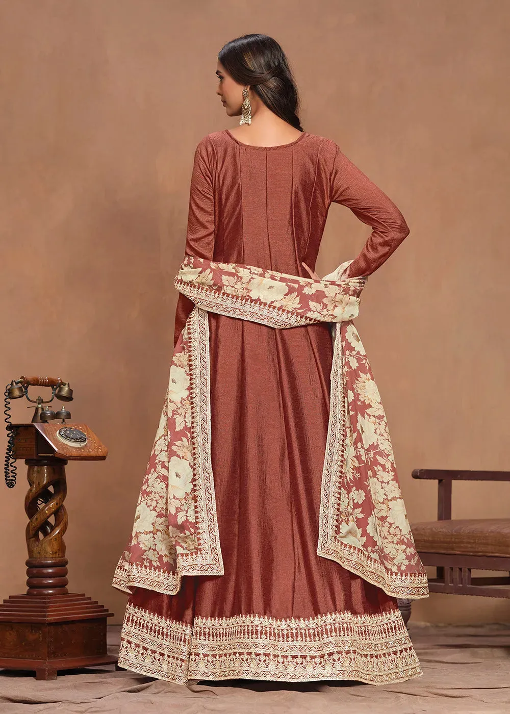 Elegant Art Silk Brown Embroidered Anarkali Gown