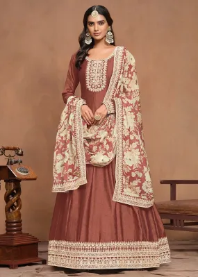 Elegant Art Silk Brown Embroidered Anarkali Gown
