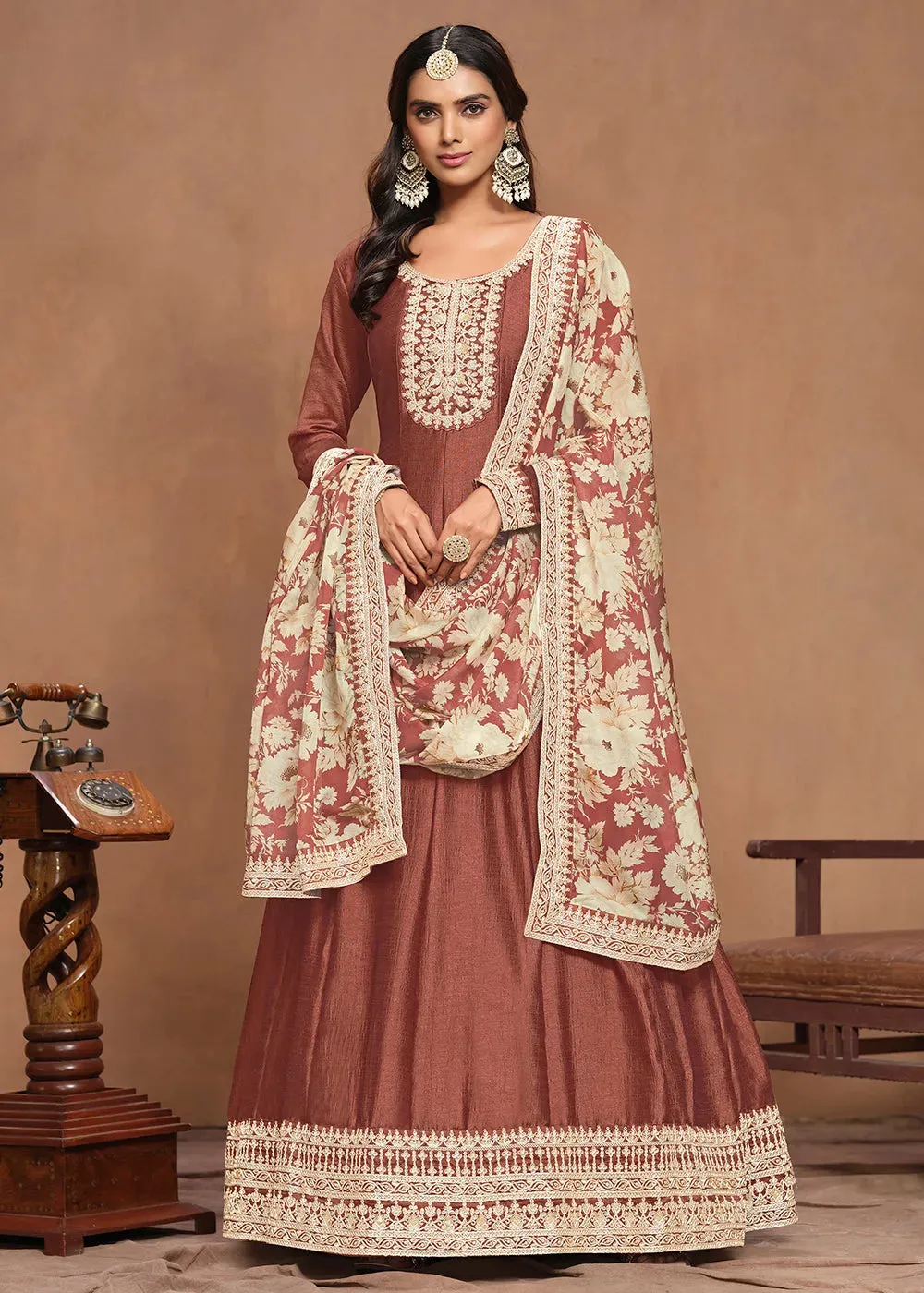 Elegant Art Silk Brown Embroidered Anarkali Gown