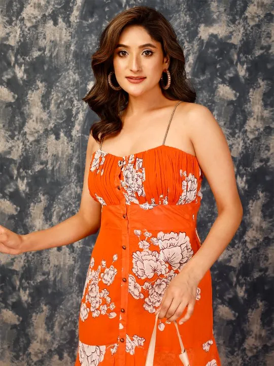 elegant floral print pure viscose georgette tiered spagetti dress with gathered bustier - Orange