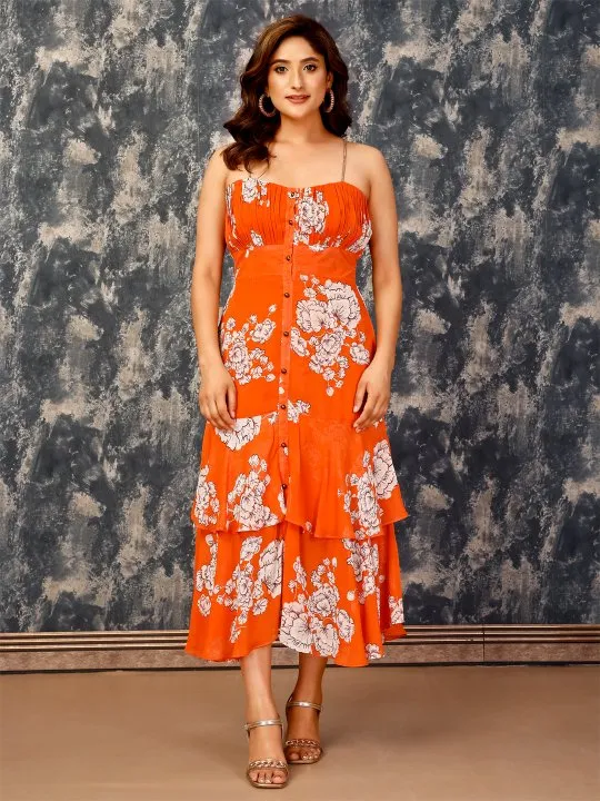 elegant floral print pure viscose georgette tiered spagetti dress with gathered bustier - Orange