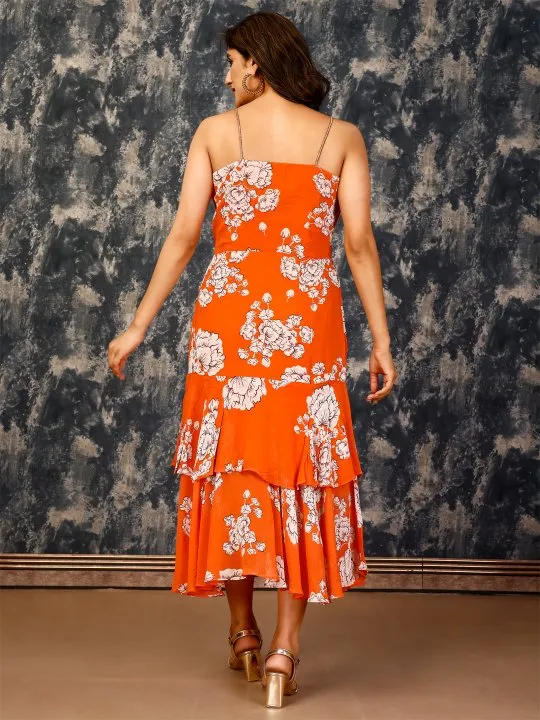 elegant floral print pure viscose georgette tiered spagetti dress with gathered bustier - Orange