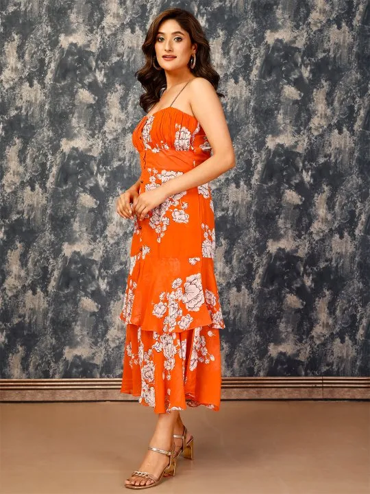 elegant floral print pure viscose georgette tiered spagetti dress with gathered bustier - Orange
