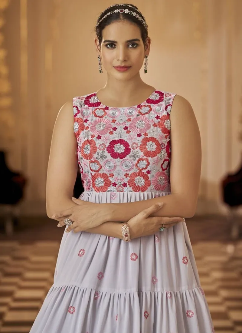 Embroidered Work Georgette Unique Grey Gown For Wedding