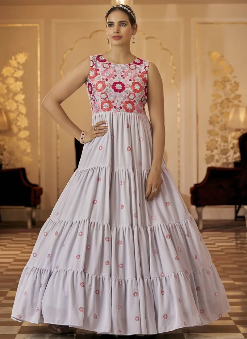 Embroidered Work Georgette Unique Grey Gown For Wedding