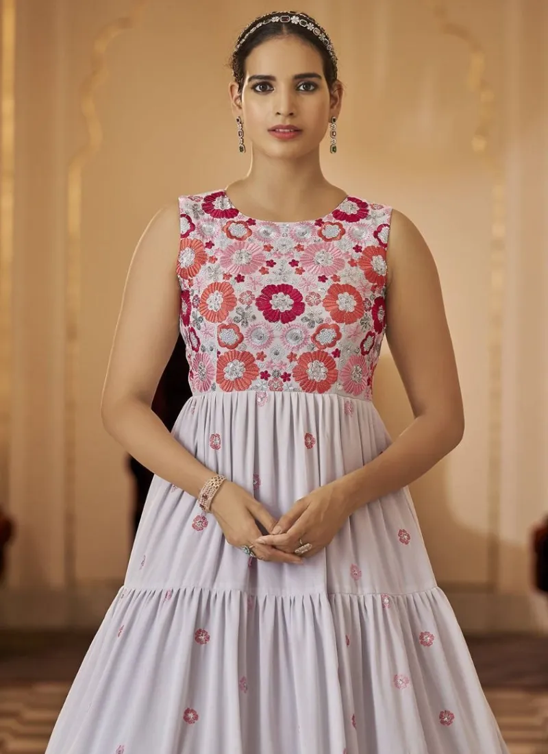 Embroidered Work Georgette Unique Grey Gown For Wedding