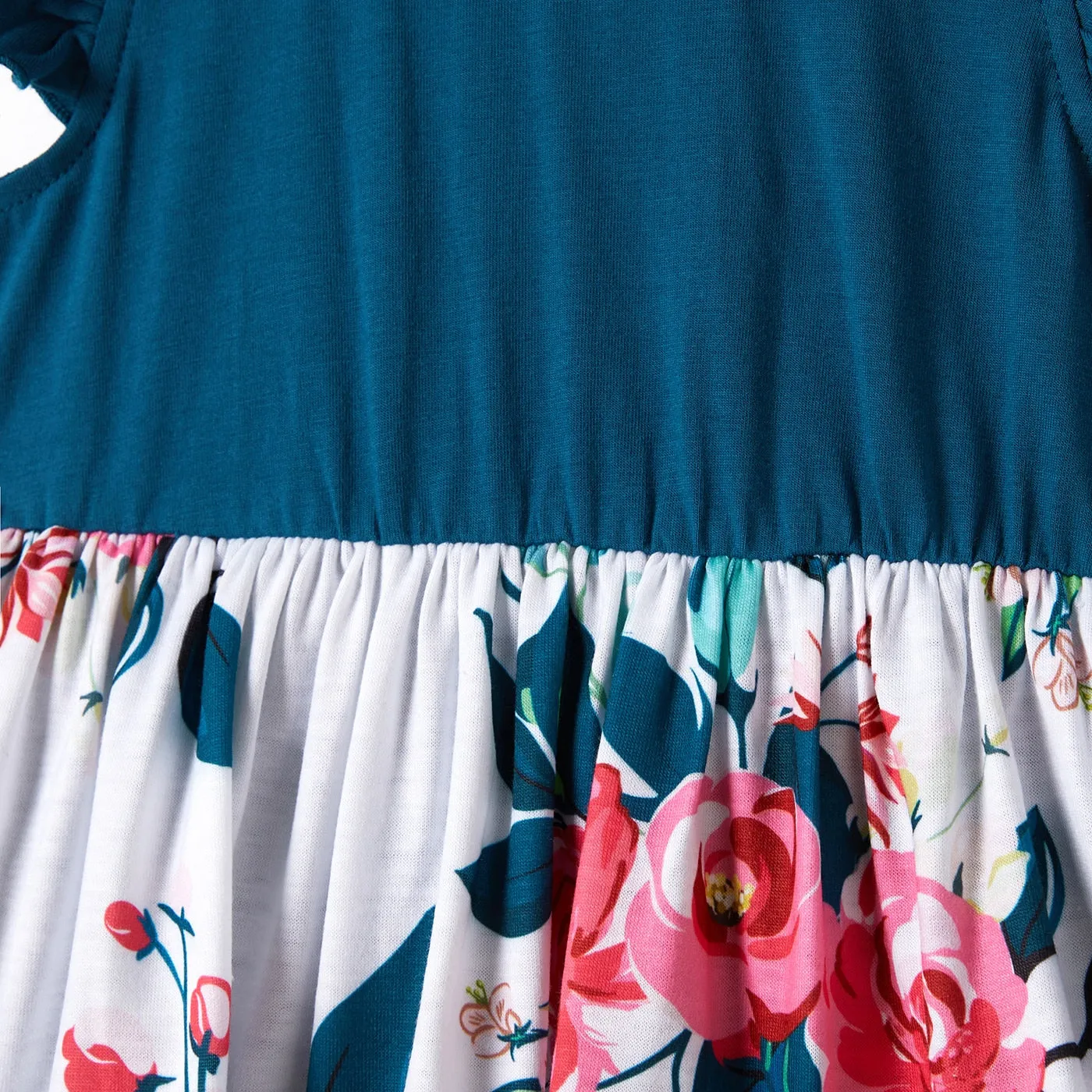 Family Matching Dress V Neck Flutter-sleeve Floral Print Dresses Colorblock T-shirts