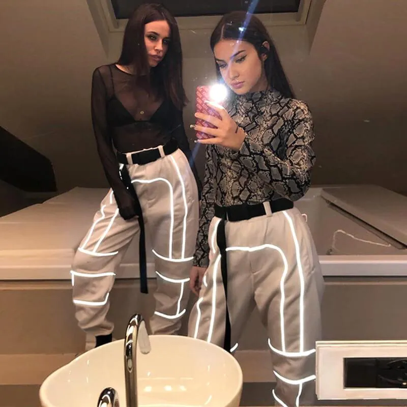 Fashion Belt Elastic Ankle Reflect Pants