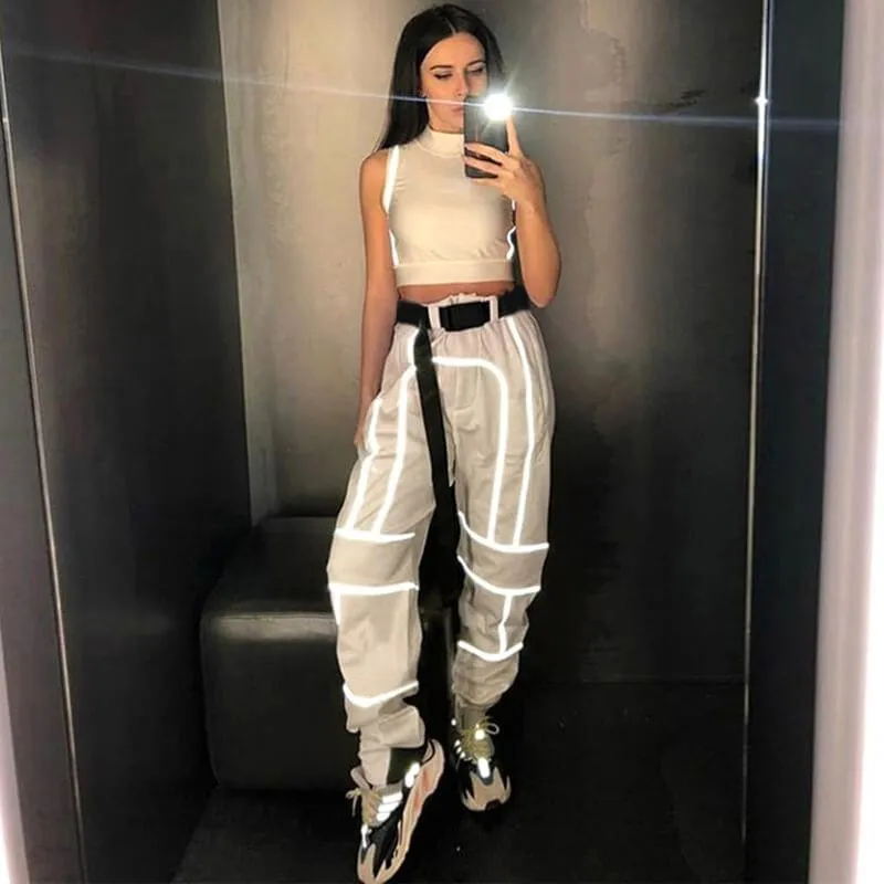 Fashion Belt Elastic Ankle Reflect Pants