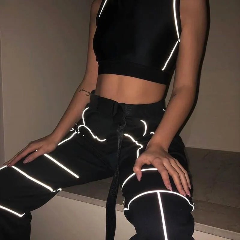 Fashion Belt Elastic Ankle Reflect Pants