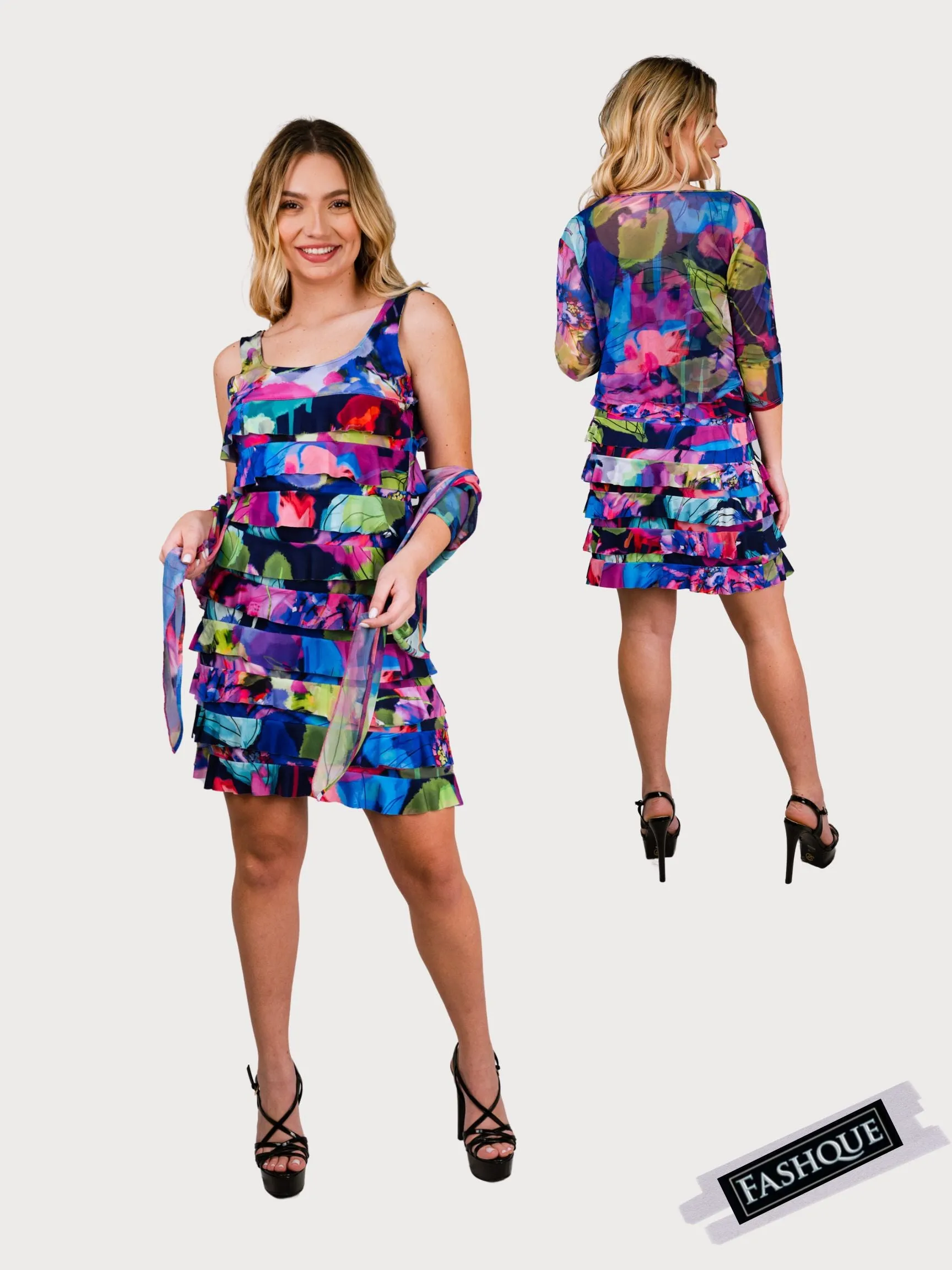 FASHQUE - CHACHA Ruffle Knee length PRINTED Dress - D2760