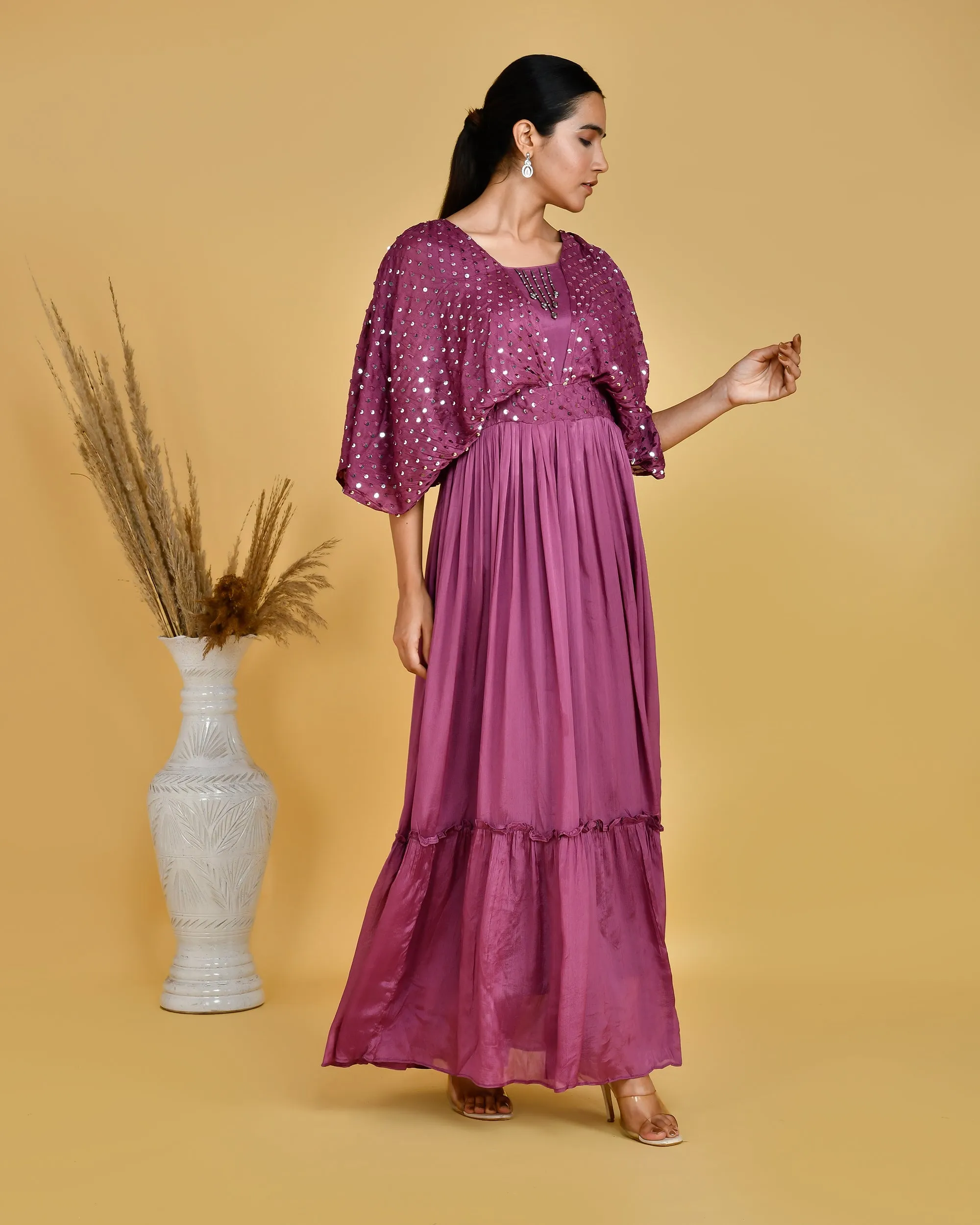 Festive Wear Chinon Long Gown With Embroidered Cape