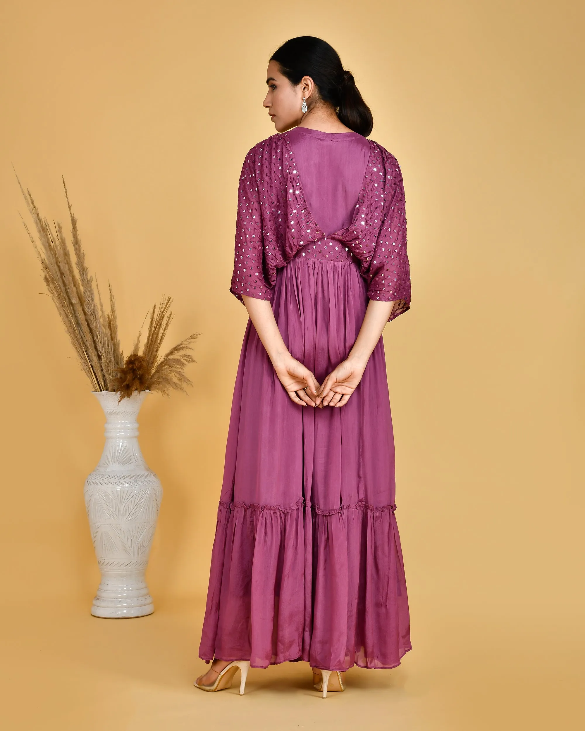 Festive Wear Chinon Long Gown With Embroidered Cape