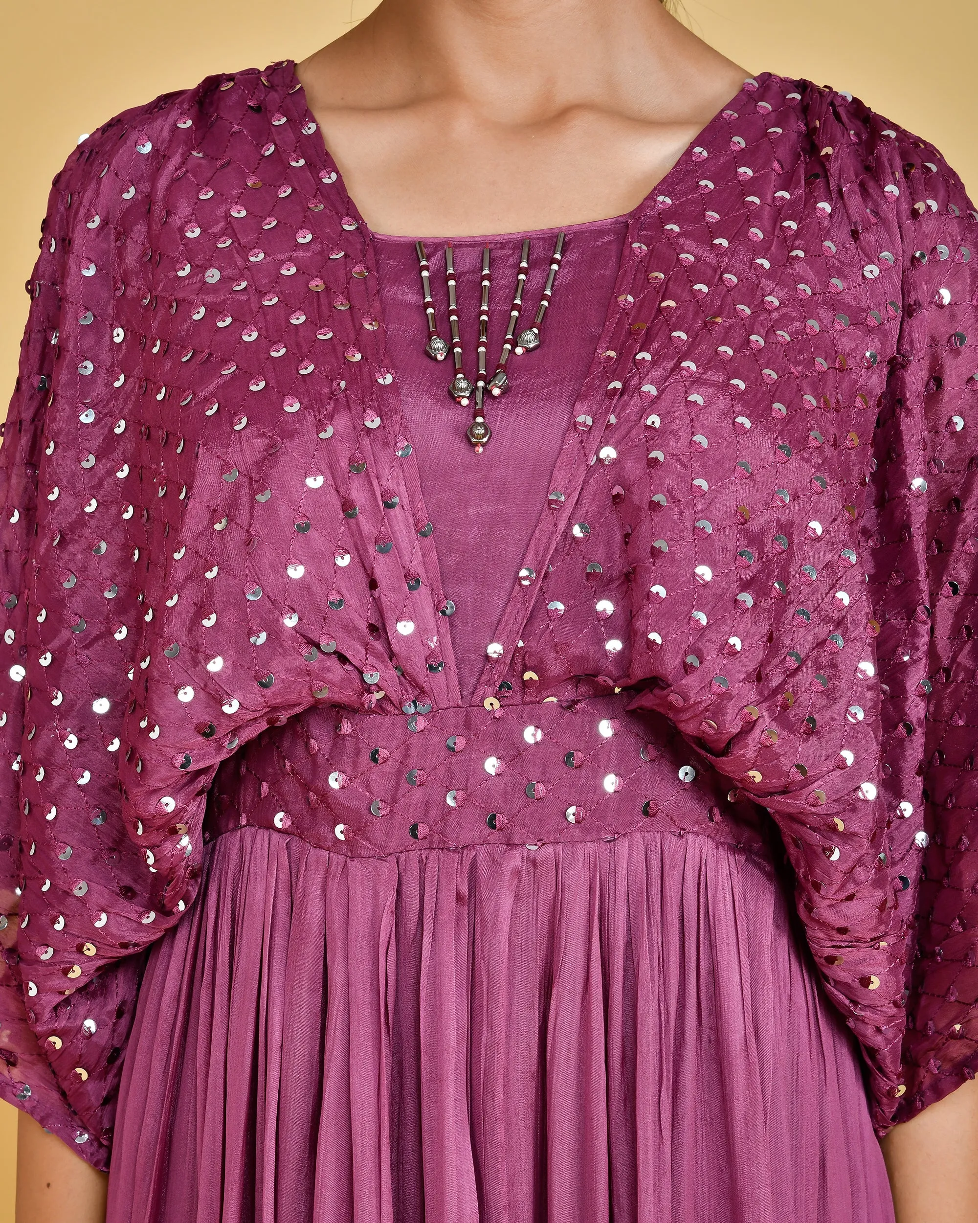 Festive Wear Chinon Long Gown With Embroidered Cape