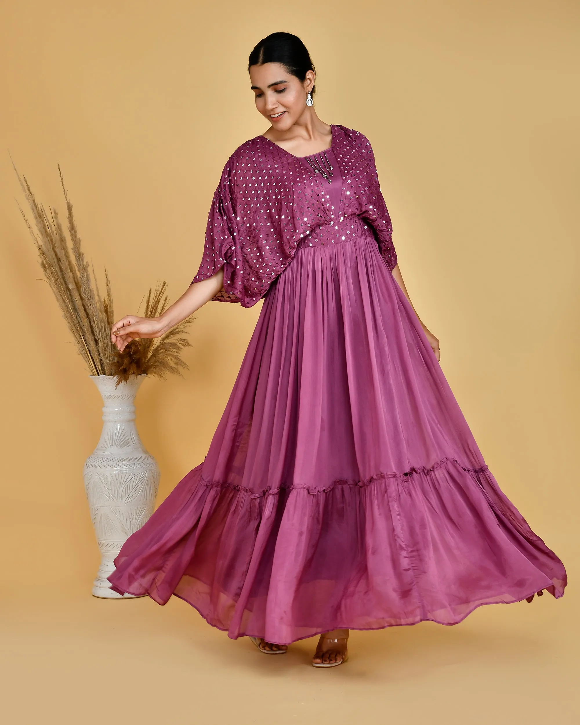 Festive Wear Chinon Long Gown With Embroidered Cape