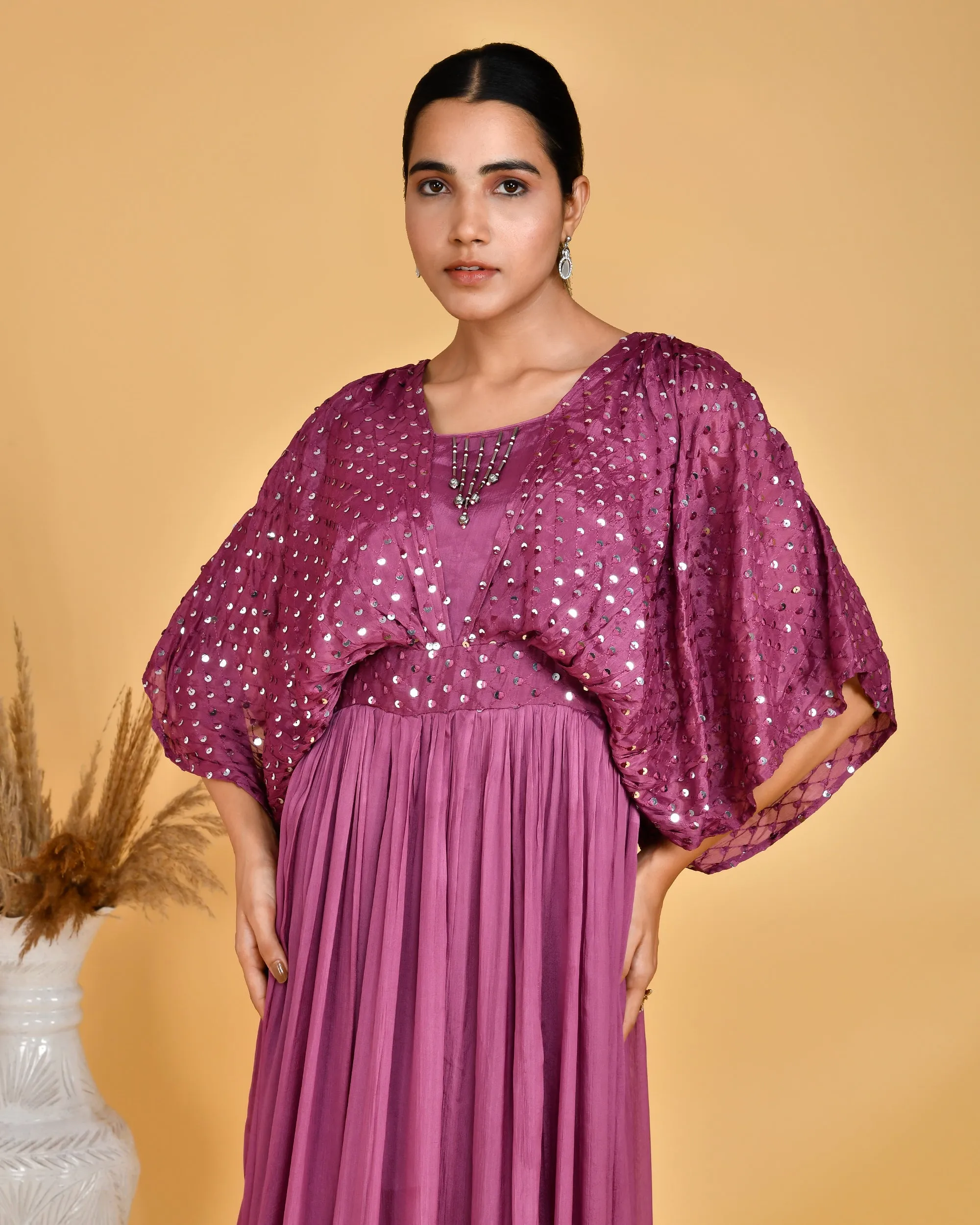 Festive Wear Chinon Long Gown With Embroidered Cape