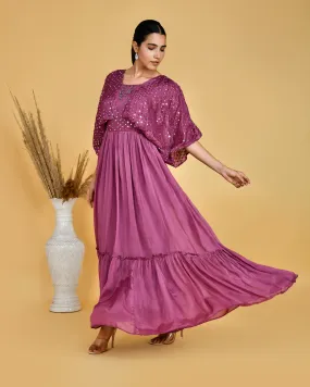 Festive Wear Chinon Long Gown With Embroidered Cape
