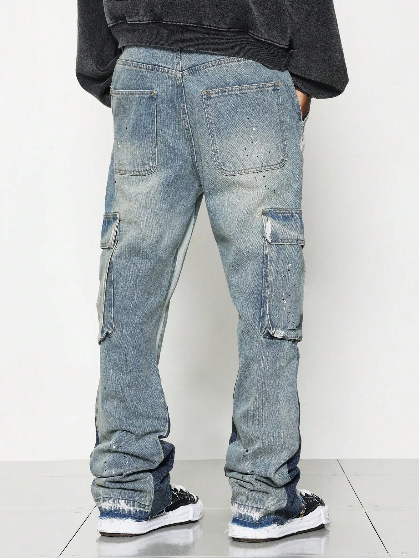 Flare Fit Colour Block Washed Raw Edge Cargo Jean With Splatter Paint